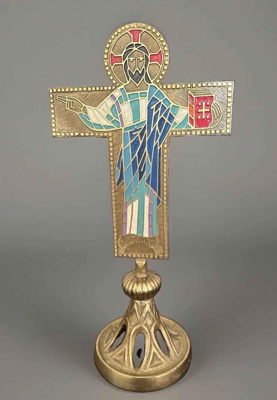 Altar Cross Brass & Enamel Crucifix Terra Sancta Handmade Israel 13” Mid Century